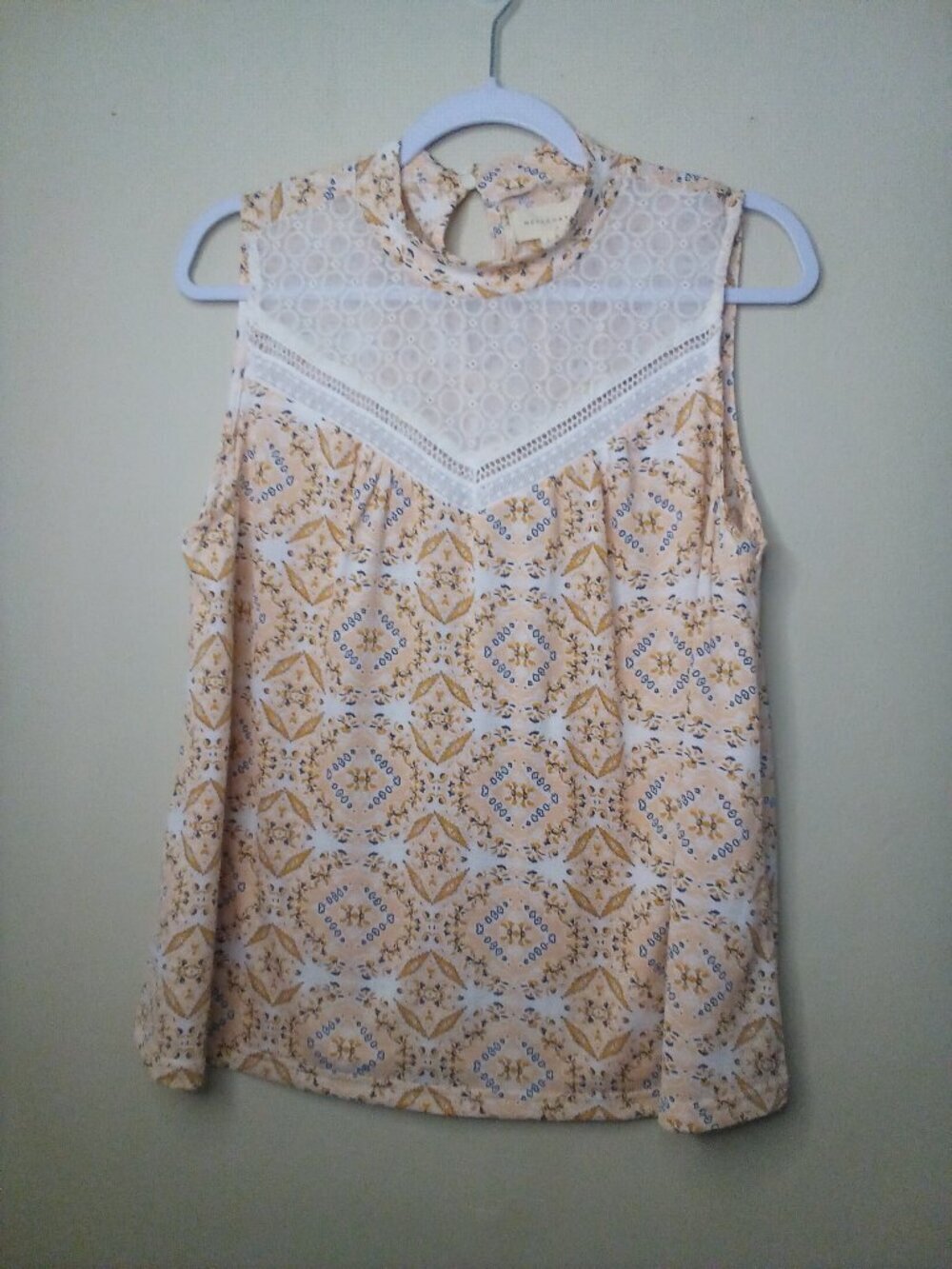 Melloday Blouse Women L Sleeveless Lace Feminine Pattern Tan White